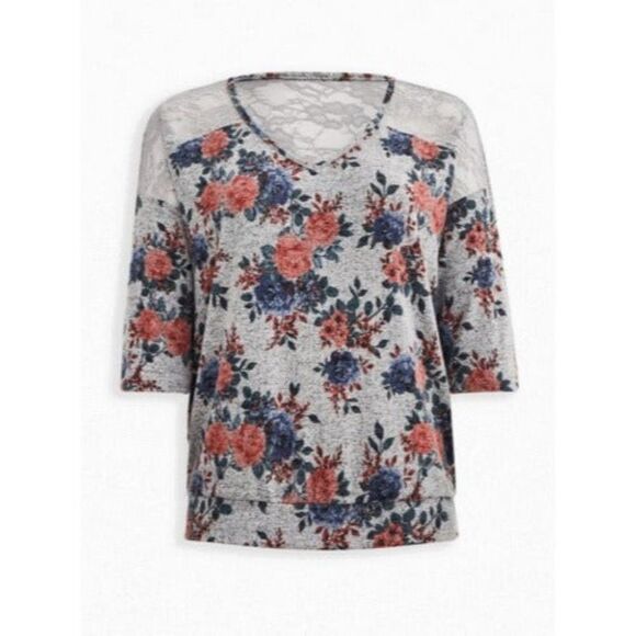 Torrid  Womens Plus Size 1X Dolman Top Super Soft Plush Floral Grey Lace Stretch - Picture 1 of 6